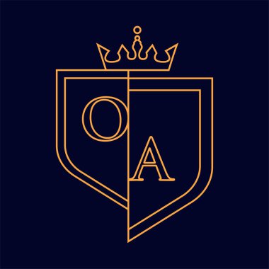 OA ilk logosu, turuncu renkli amblem ve taç, çizgi sanatı ve klasik tasarım, koyu arkaplanda izole edilmiş..