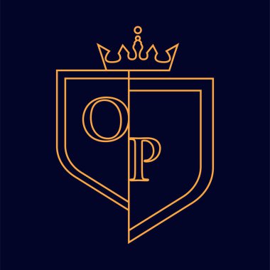OP ilk logotype, renkli turuncu amblem ve taç, çizgi sanatı ve klasik tasarım, koyu arkaplanda izole edilmiş..