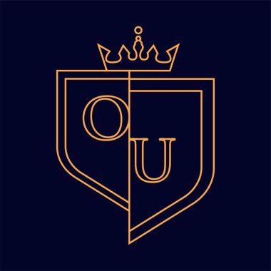 OU ilk logotype, renkli turuncu amblem ve taç, çizgi sanatı ve klasik tasarım, koyu arkaplanda izole edilmiş.