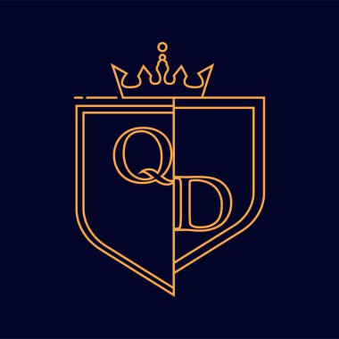 QD ilk logotype, renkli turuncu amblem ve taç, çizgi sanatı ve klasik tasarım, koyu arkaplanda izole edilmiş..