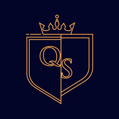 QS ilk logotype, renkli turuncu amblem ve taç, çizgi sanatı ve klasik tasarım, koyu arkaplanda izole edilmiş..