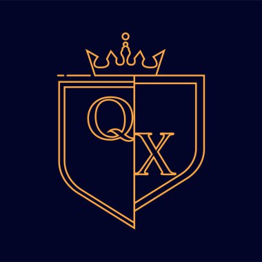 QX ilk logotype, renkli turuncu amblem ve taç, çizgi sanatı ve klasik tasarım, koyu arkaplanda izole edilmiş..