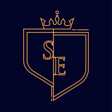 SE ilk logosu, turuncu renkli amblem ve taç, çizgi sanatı ve klasik tasarım, koyu arkaplanda izole edilmiş..