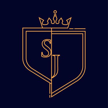 SJ ilk logotype, renkli turuncu amblem ve taç, çizgi sanatı ve klasik tasarım, koyu arkaplanda izole edilmiş.