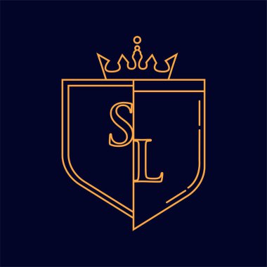 SL ilk logotype, renkli turuncu amblem ve taç, çizgi sanatı ve klasik tasarım, koyu arkaplanda izole edilmiş.