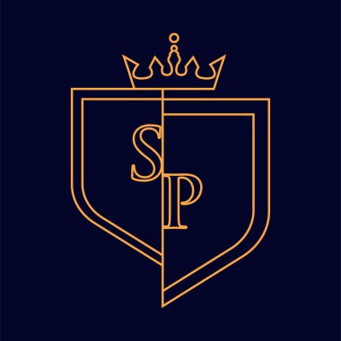 SP ilk logotype, renkli turuncu amblem ve taç, çizgi sanatı ve klasik tasarım, koyu arkaplanda izole edilmiş.