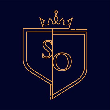 Yani ilk logotype, renkli turuncu amblem ve taç, çizgi sanatı ve klasik tasarım, koyu arkaplanda izole edilmiş..