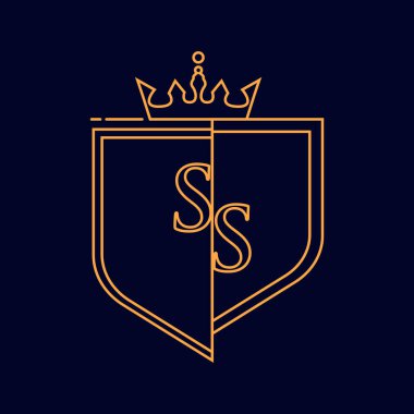 SS başlangıç logosu, turuncu renkli amblem ve taç, çizgi sanatı ve klasik tasarım, koyu arkaplanda izole edilmiş..