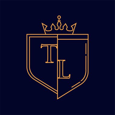 TL ilk logotype, renkli turuncu amblem ve taç, çizgi sanatı ve klasik tasarım, koyu arkaplanda izole edilmiş..