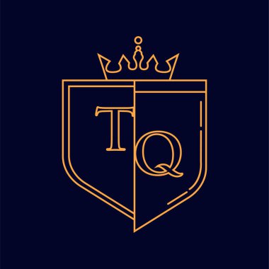 TQ ilk logotype, renkli turuncu amblem ve taç, çizgi sanatı ve klasik tasarım, koyu arkaplanda izole edilmiş..