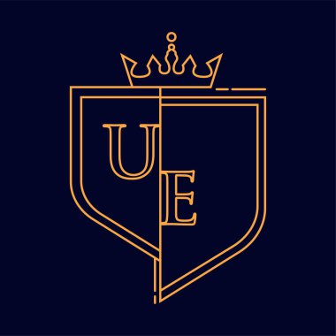 UE ilk logotype, renkli turuncu amblem ve taç, çizgi sanatı ve klasik tasarım, koyu arkaplanda izole edilmiş..