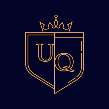 UQ ilk logosu, turuncu renkli amblem ve taç, çizgi sanatı ve klasik tasarım, koyu arkaplanda izole edilmiş..