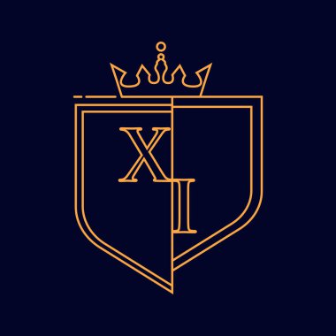 XI ilk logotype, renkli turuncu amblem ve taç, çizgi sanatı ve klasik tasarım, koyu arkaplanda izole edilmiş..