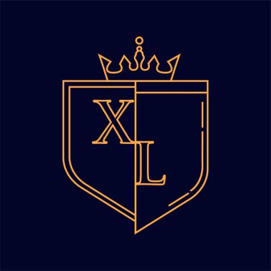 XL ilk logotype, renkli turuncu amblem ve taç, çizgi sanatı ve klasik tasarım, koyu arkaplanda izole edilmiş..