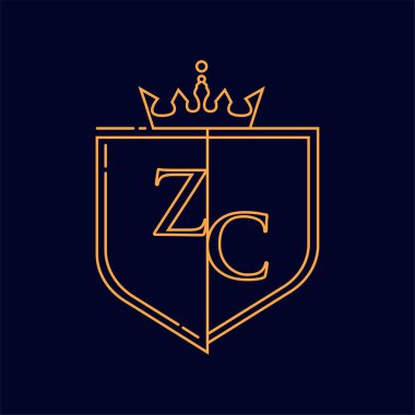ZC ilk logotype, renkli turuncu amblem ve taç, çizgi sanatı ve klasik tasarım, koyu arkaplanda izole edilmiş..