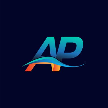 İlk harf logosu AP şirketinin adı mavi ve turuncu renkli swoosh tasarımı. İş ve şirket kimliği için vektör logosu.