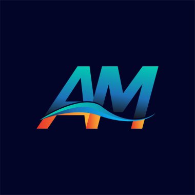 İlk harf logosu AM şirketi adı mavi ve turuncu renkli Swoosh tasarımı. İş ve şirket kimliği için vektör logosu.