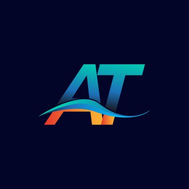 İlk harf logosu AT şirketinin adı mavi ve turuncu renkli Swoosh tasarımı. İş ve şirket kimliği için vektör logosu.