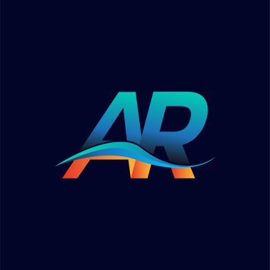 İlk harf AR AR şirketi adı mavi ve turuncu renkli Swoosh tasarımı. İş ve şirket kimliği için vektör logosu.