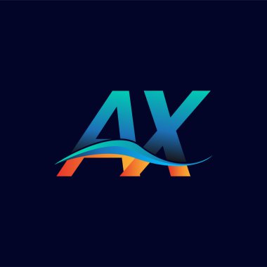 İlk harf logosu AX şirketi adı mavi ve turuncu renkli Swoosh tasarımı. İş ve şirket kimliği için vektör logosu.