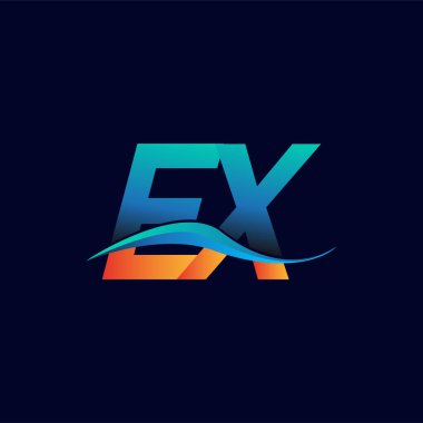 İlk harf logosu EX şirketi adı mavi ve turuncu renkli Swoosh tasarımı. İş ve şirket kimliği için vektör logosu.
