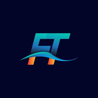 İlk harf logosu FT şirketinin adı mavi ve turuncu renkli Swoosh tasarımı. İş ve şirket kimliği için vektör logosu.