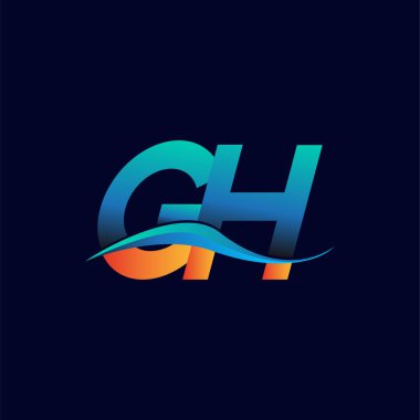 İlk harf logosu GH şirketinin adı mavi ve turuncu renkli swoosh tasarımı. İş ve şirket kimliği için vektör logosu.