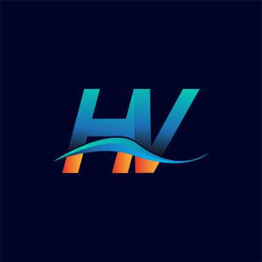 İlk harf logosu HV şirketinin adı mavi ve turuncu renkli Swoosh tasarımı. İş ve şirket kimliği için vektör logosu.