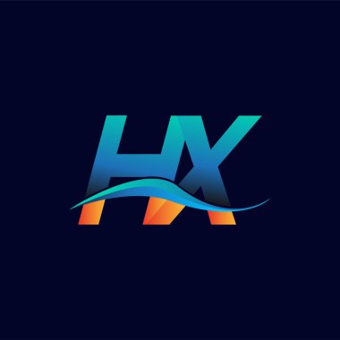 İlk harf logosu HX şirketinin adı mavi ve turuncu renkli Swoosh tasarımı. İş ve şirket kimliği için vektör logosu.