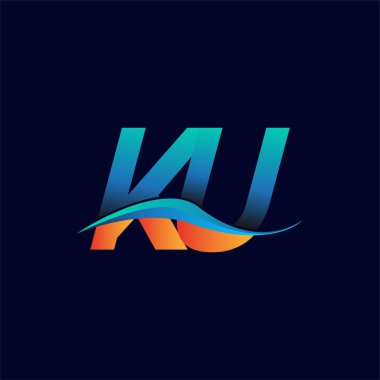 İlk harf logosu KU şirketi adı mavi ve turuncu renkli swoosh tasarımı. İş ve şirket kimliği için vektör logosu.