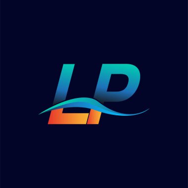 İlk harf logosu LP şirketinin adı mavi ve turuncu renkli Swoosh tasarımı. İş ve şirket kimliği için vektör logosu.