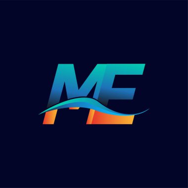 İlk harf logosu ME firmasının adı mavi ve turuncu renkli Swoosh tasarımı. İş ve şirket kimliği için vektör logosu.