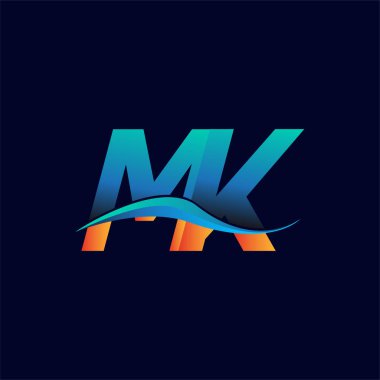 İlk harf logosu MK şirketinin adı mavi ve turuncu renkli Swoosh tasarımı. İş ve şirket kimliği için vektör logosu.