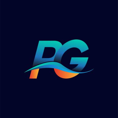 İlk harf logosu PG şirketi adı mavi ve turuncu renkli Swoosh tasarımı. İş ve şirket kimliği için vektör logosu.