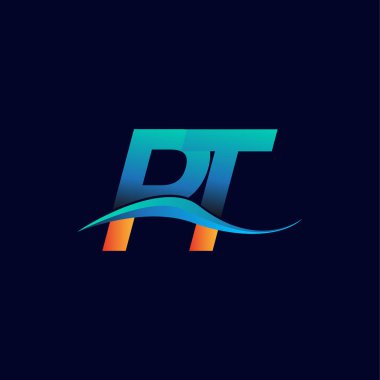 İlk harf logosu PT şirketinin adı mavi ve turuncu renkli Swoosh tasarımı. İş ve şirket kimliği için vektör logosu.
