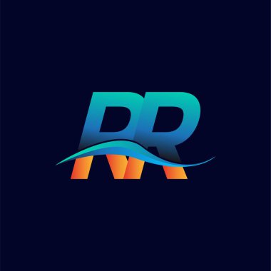 İlk harf logosu RR şirketinin adı mavi ve turuncu renkli Swoosh tasarımı. İş ve şirket kimliği için vektör logosu.