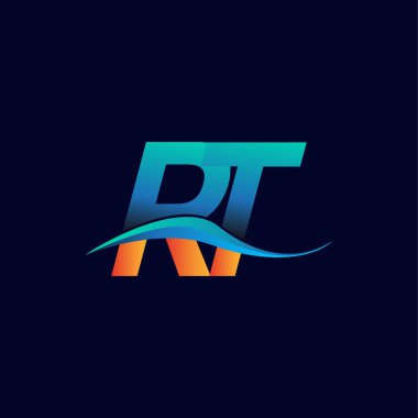 İlk harf logosu RT şirketinin adı mavi ve turuncu renkli Swoosh tasarımı. İş ve şirket kimliği için vektör logosu.