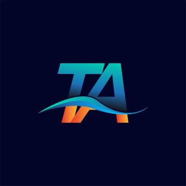İlk harf logosu TA şirketinin adı mavi ve turuncu renkli Swoosh tasarımı. İş ve şirket kimliği için vektör logosu.