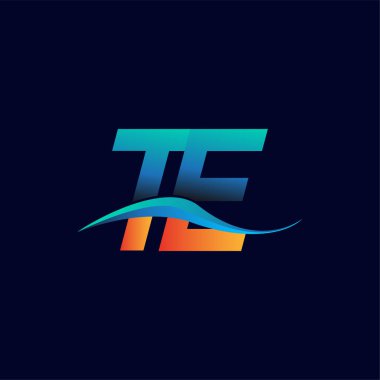 İlk harf logosu TE şirketinin adı mavi ve turuncu renkli swoosh tasarımı. İş ve şirket kimliği için vektör logosu.