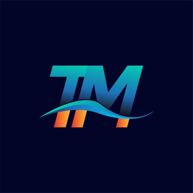 İlk harf logosu TM şirketinin adı mavi ve turuncu renkli Swoosh tasarımı. İş ve şirket kimliği için vektör logosu.