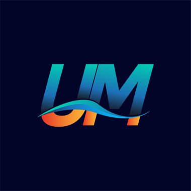 İlk harf logosu UM şirketinin adı mavi ve turuncu renkli Swoosh tasarımı. İş ve şirket kimliği için vektör logosu.
