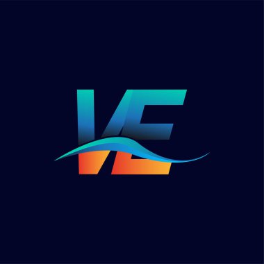 İlk harf logosu VE şirketinin adı mavi ve turuncu renkli Swoosh tasarımı. İş ve şirket kimliği için vektör logosu.