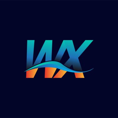 İlk harf logosu WX şirketi adı mavi ve turuncu renkli Swoosh tasarımı. İş ve şirket kimliği için vektör logosu.