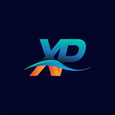 İlk harf logosu XP şirketi adı mavi ve turuncu renkli Swoosh tasarımı. İş ve şirket kimliği için vektör logosu.