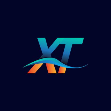 İlk harf logosu XT şirketinin adı mavi ve turuncu renkli Swoosh tasarımı. İş ve şirket kimliği için vektör logosu.