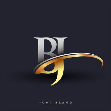 BJ 'in ilk logo şirketi adı, beyaz arka planda izole edilmiş altın ve gümüş rengi Swoosh tasarımı. iş ve şirket kimliği için vektör logosu.