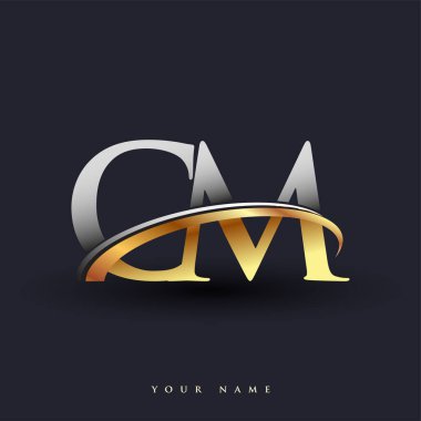 CM 'in ilk logo şirketinin adı, beyaz arka planda izole edilmiş altın ve gümüş rengi Swoosh tasarımı. iş ve şirket kimliği için vektör logosu.