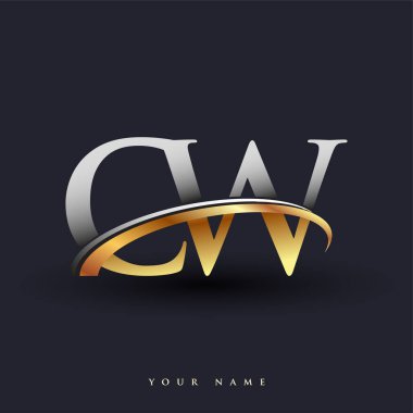 CW 'nin ilk logo şirketi adı: Renkli altın ve gümüş rengi Swoosh tasarımı, beyaz arka planda izole. iş ve şirket kimliği için vektör logosu.
