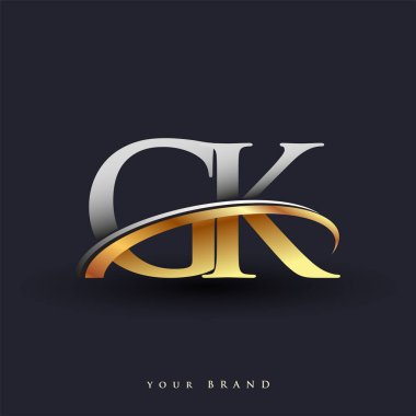 GK 'nin ilk logo şirketi adı, beyaz arka planda izole edilmiş renkli altın ve gümüş rengi Swoosh tasarımı. iş ve şirket kimliği için vektör logosu.