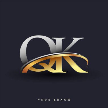 QK 'nın ilk logo şirketi adı, beyaz arka planda izole edilmiş renkli altın ve gümüş rengi Swoosh tasarımı. iş ve şirket kimliği için vektör logosu.